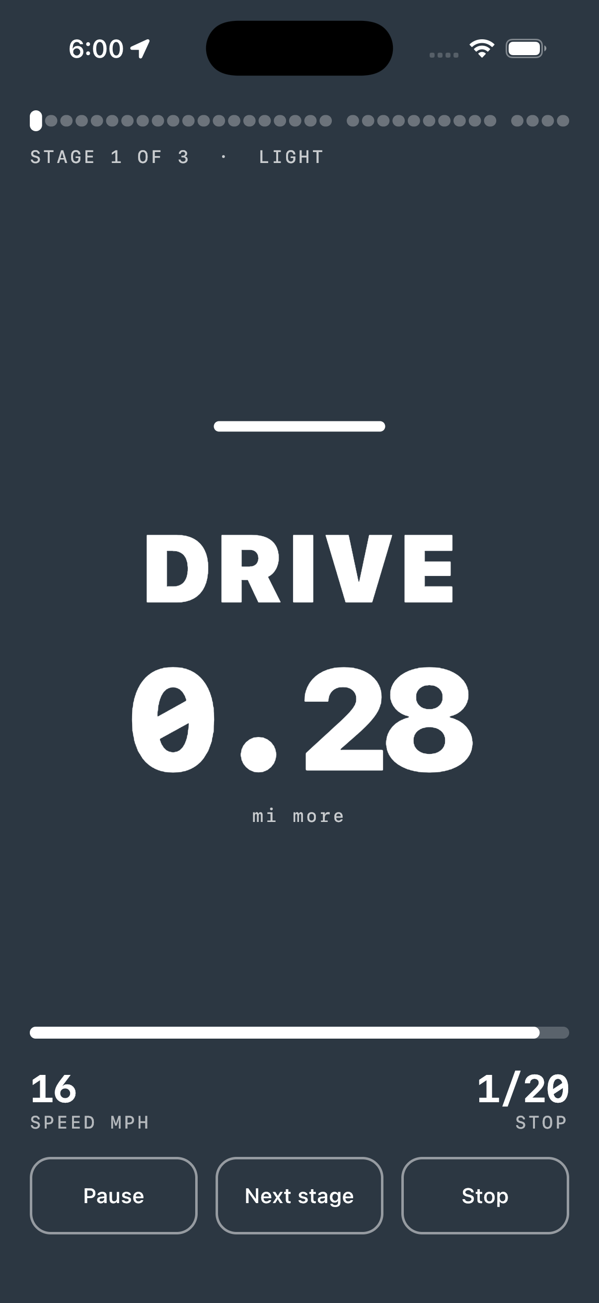 The drive instruction between stops: the distance that remains.
