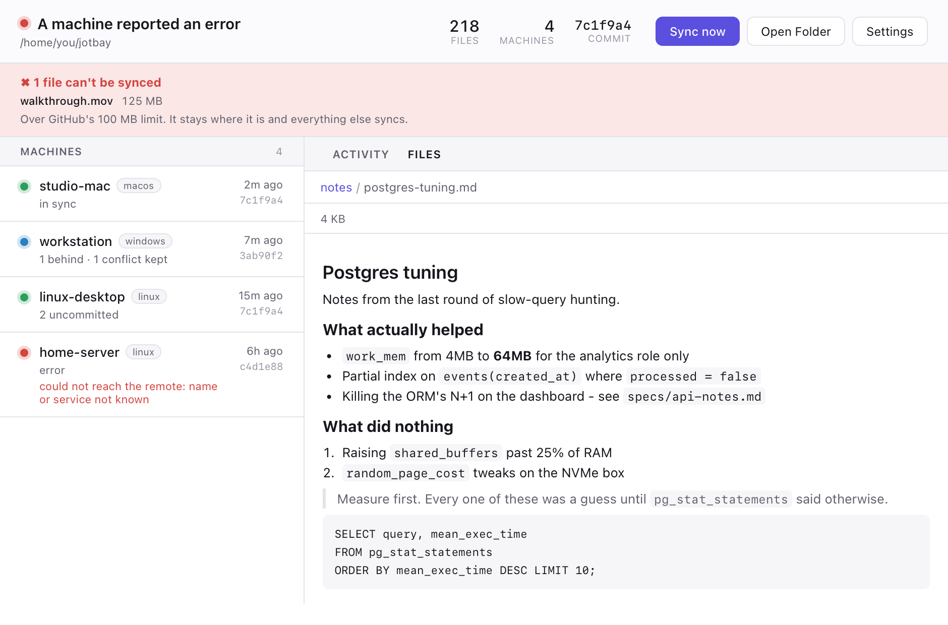 A markdown note in the Jotbay reader. The note has headings, lists, and a code block