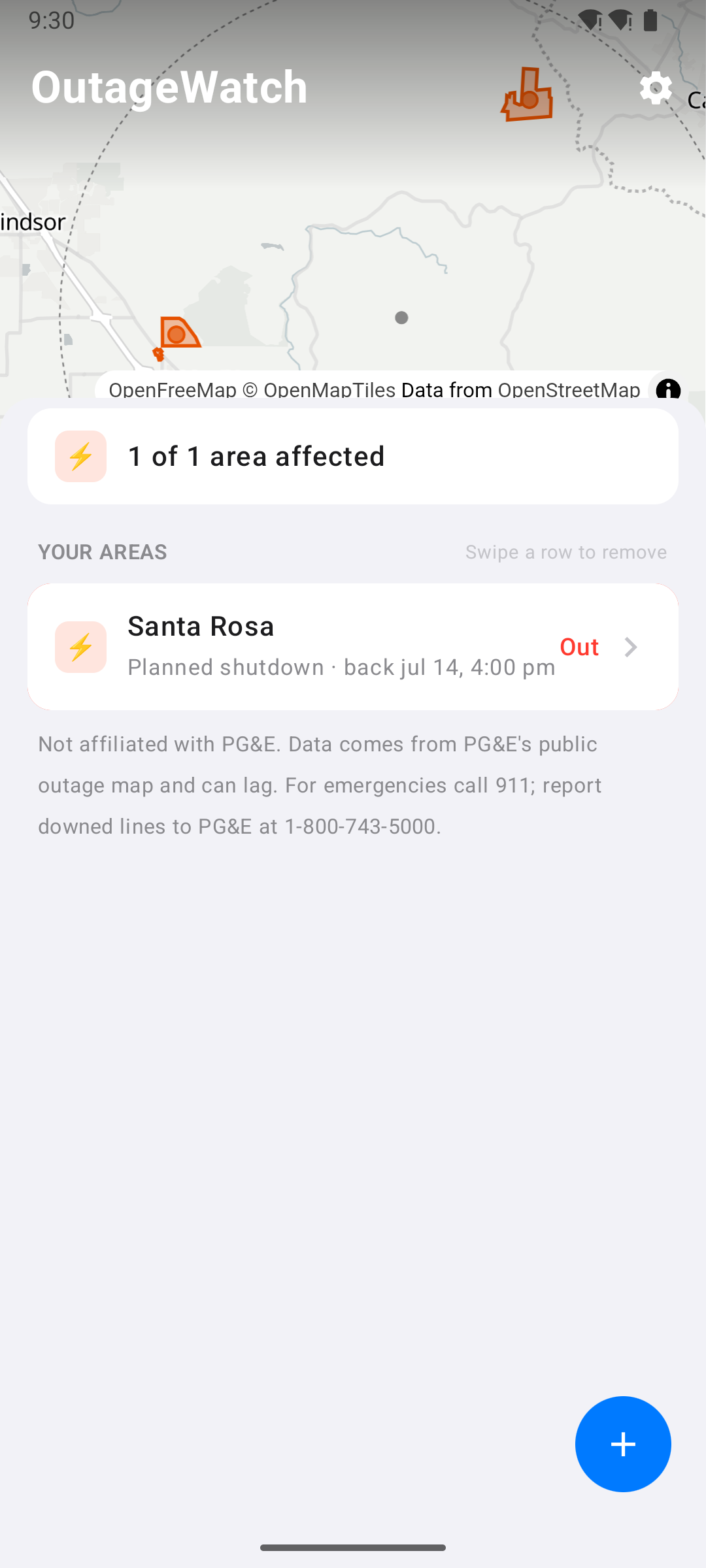 Home screen with saved areas and a live map