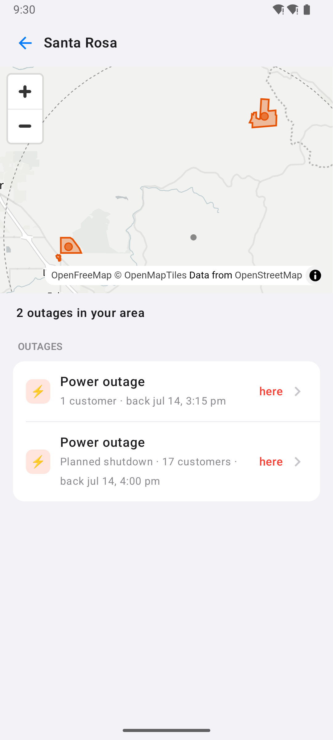 Outages near a saved place on the map