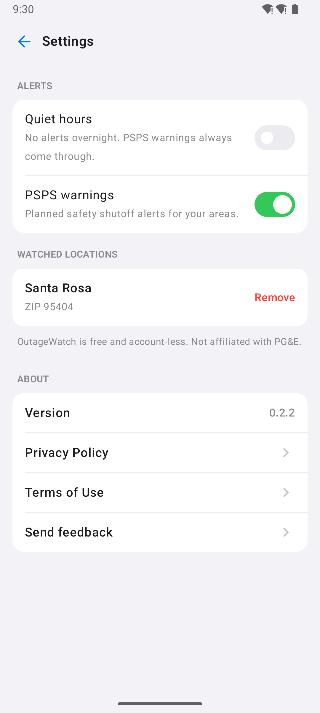 Settings with quiet hours and per-place alerts