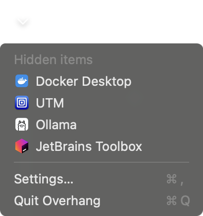 Overhang's menu listing hidden status items with their app icons