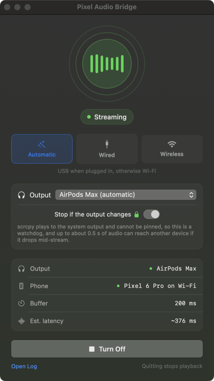 The app window, showing Streaming, the connected phone and the output device