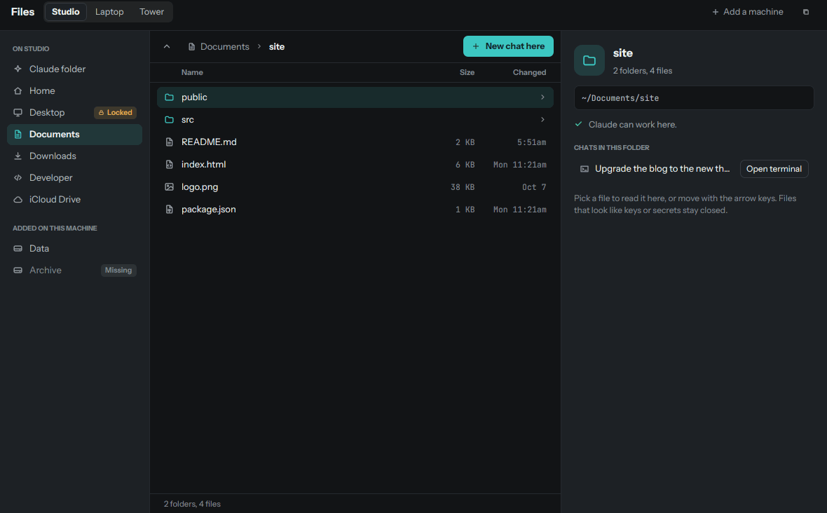 The Files window: places on the left, a folder's files in the middle, and the chats in that folder on the right
