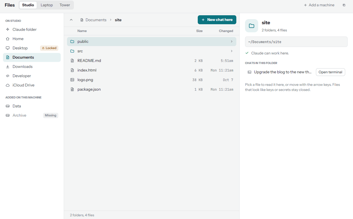 The Files window: places on the left, a folder's files in the middle, and the chats in that folder on the right