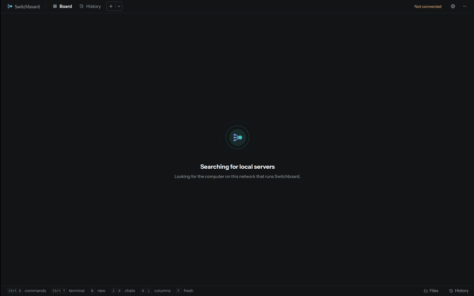 The app on first run: it searches the local network, finds the server, connects, and shows the board