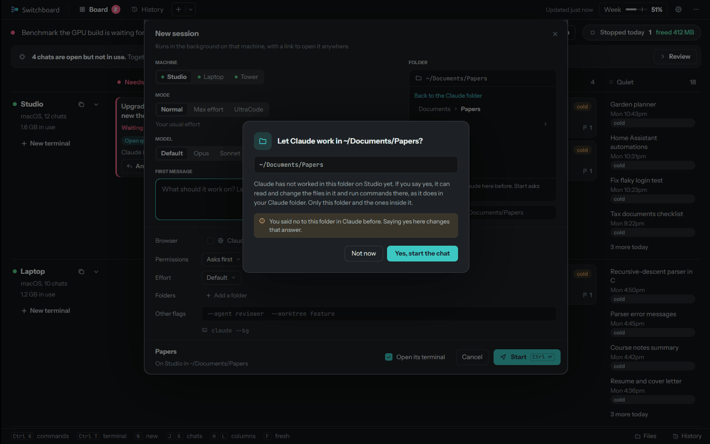 The New chat window asking whether Claude may work in a folder it has not used before