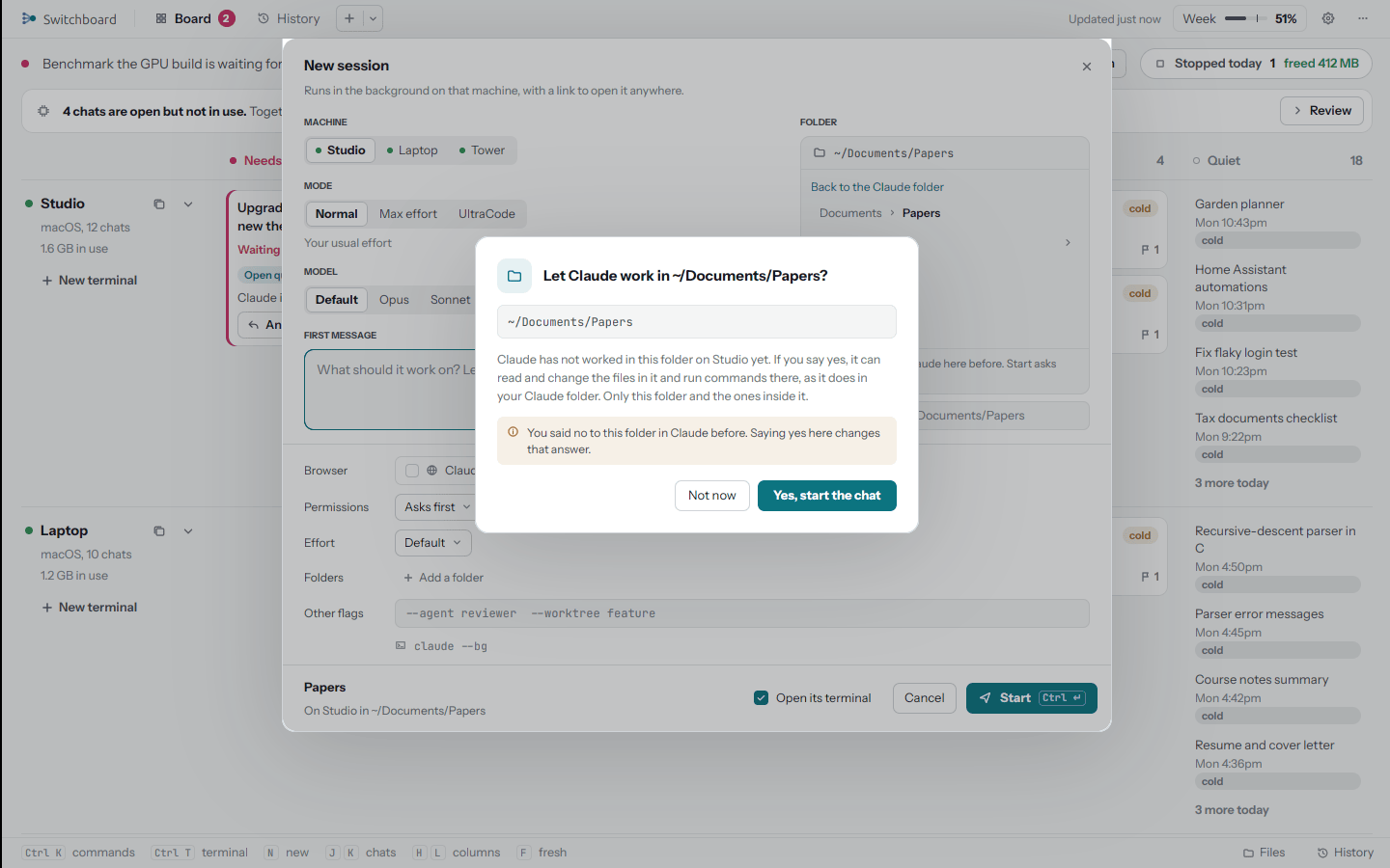 The New chat window asking whether Claude may work in a folder it has not used before